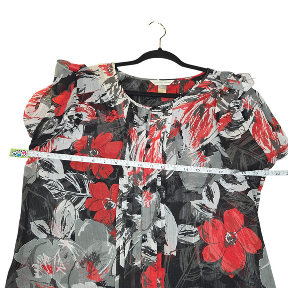 Christopher & Banks Womens Large Floral Blouse Button Up Top Sheer Black Red - Picture 8 of 11